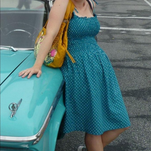 Teal with white polka dots summer dress - Picture 3 of 6